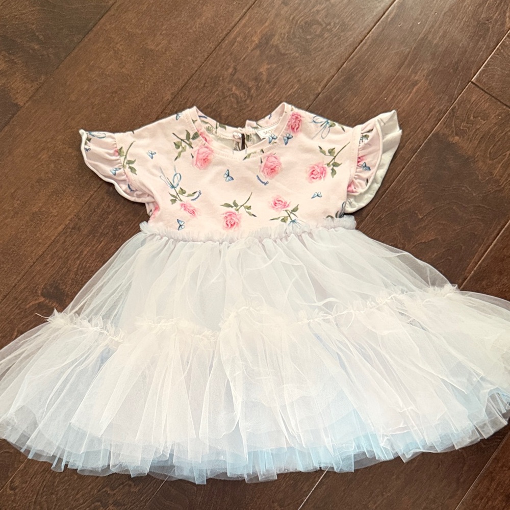 MonnaLisa Pink Floral Dress with White Tulle